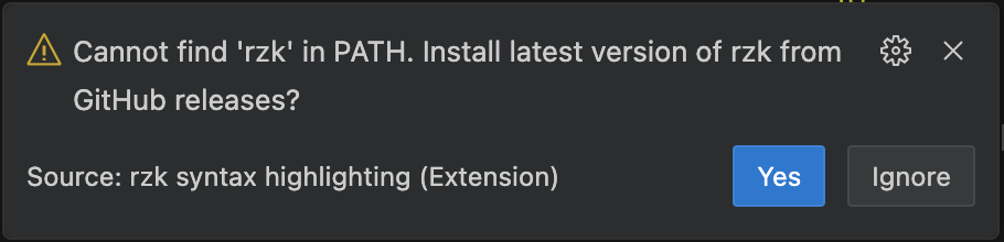 VS Code rzk install prompt.